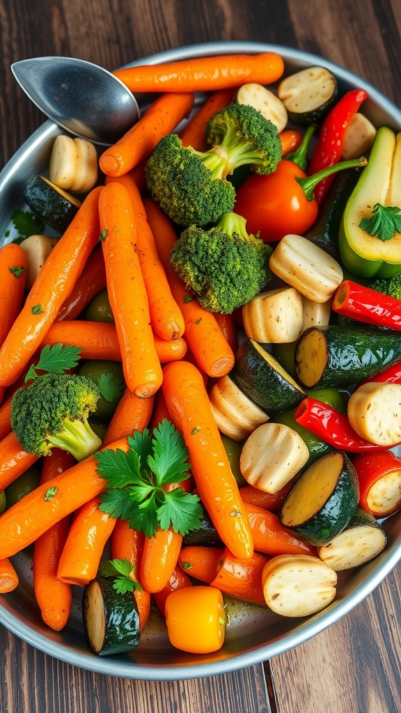 A colorful medley of roasted vegetables including carrots, broccoli, bell peppers, and zucchini on a wooden platter.